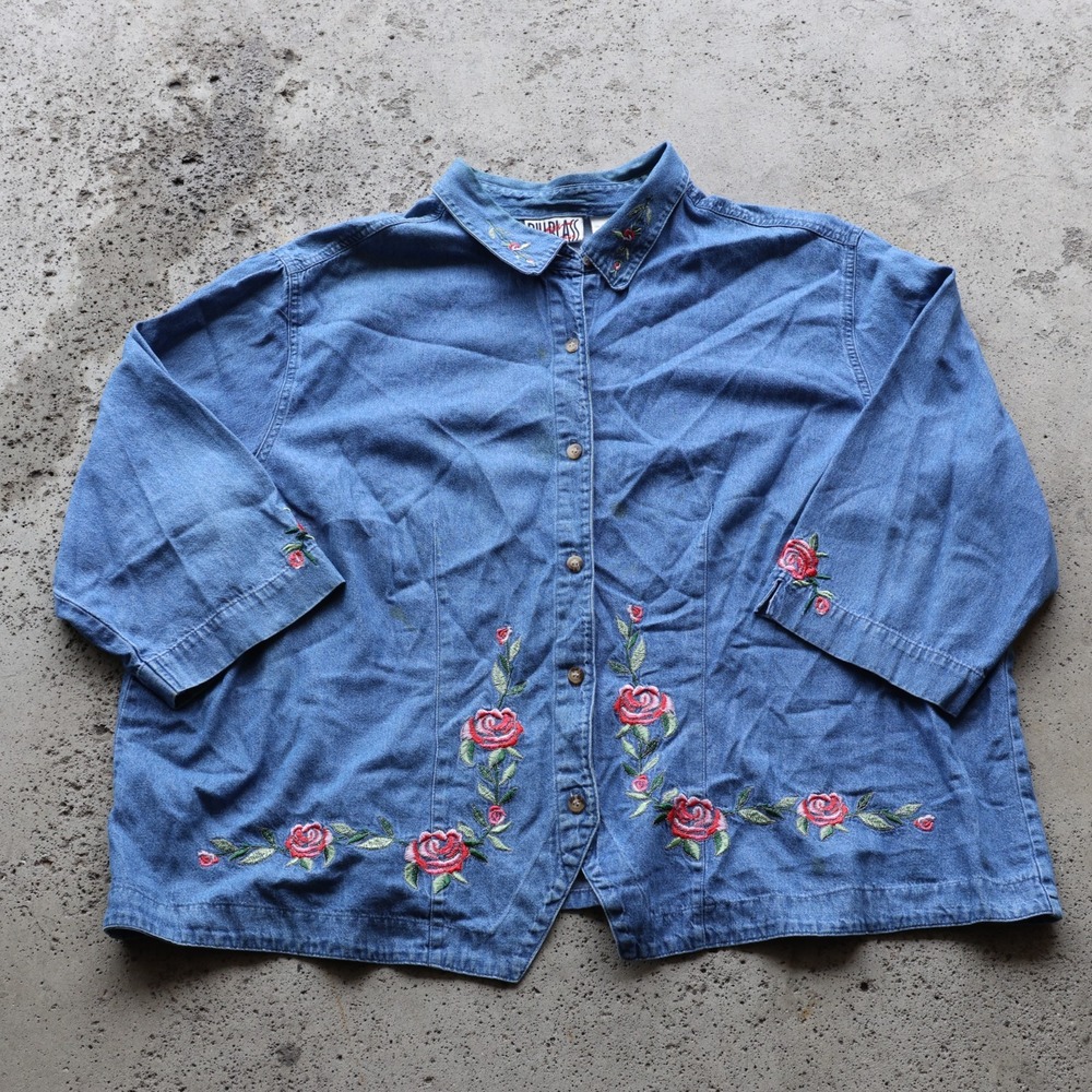 Vintage 90s Bill Blass Jeans Denim Shirt Womens Size 26/28 Rose Embroidered Plus